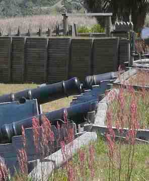 A view of the reconstructed gun battlements at Fort King George, GA.