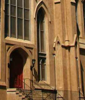 Doorway of Wesley Monumental United Methodist Church, Savannah, GA.